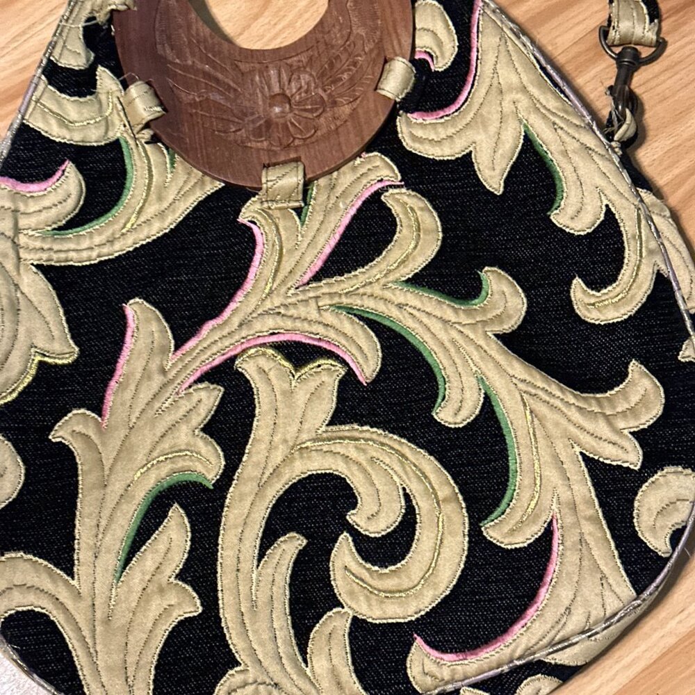 ZARA Crossbody Handbag Boho Wooden Handles Embroidered Fabric Black Tan Purses - Picture 5 of 14